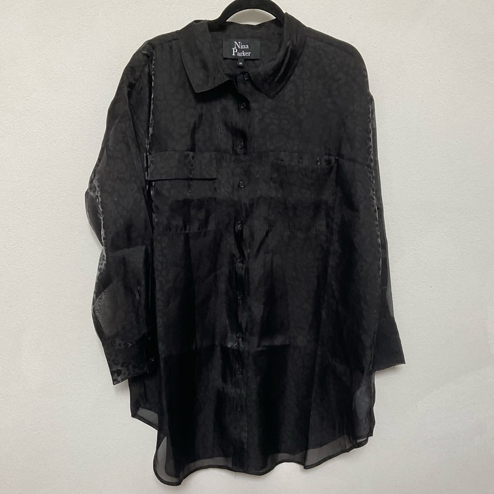 NWT Nina Parker Black Leopard Print Long Sleeve Button Down Blouse Size 2X